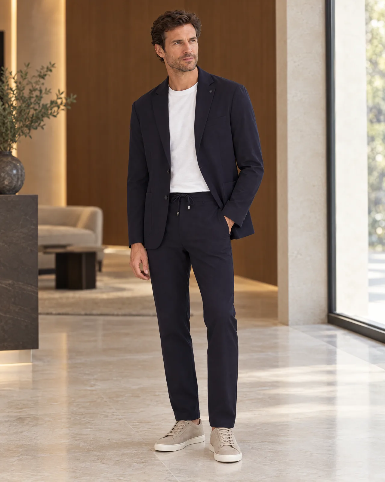 Saco y pantalón azules del mismo tejido, en el lobby de un hotel